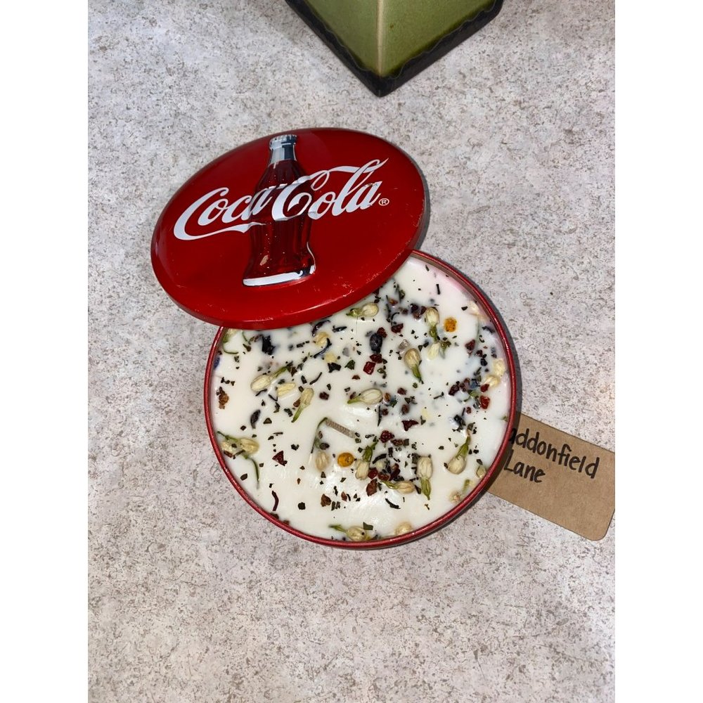 Coca Cola Tin with Handmade Vanilla Leather Candle